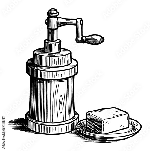 Very Simple Vintage Wooden Butter Churn and a Plate of Butter Black and White Outline Line Art Drawing