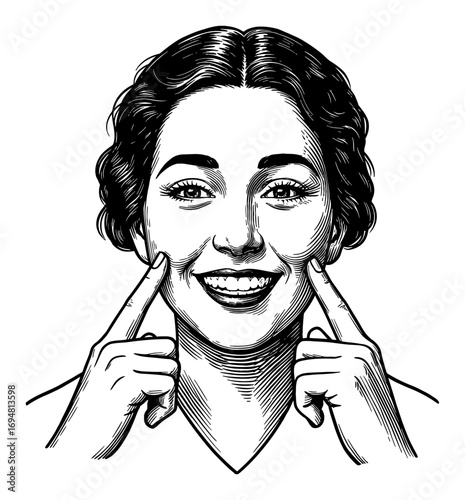 Happy Smiling Vintage Woman Fingers on Cheek Expression Black and White Outline Line Art Drawing