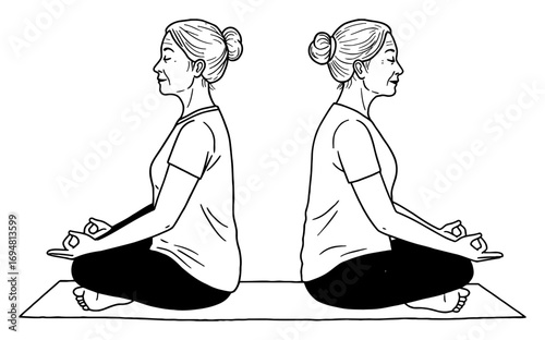 Two Grandma Meditating Back to Back Lotus Position Yoga Mat Modest Clothing Black and White Outline Line Art Drawing