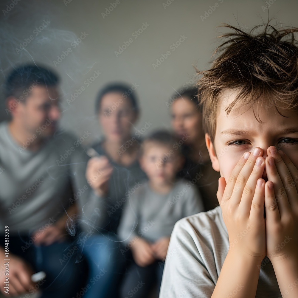 Fototapeta premium Distressed Young Boy Covering Face From Smoke with Family in Blurred Background