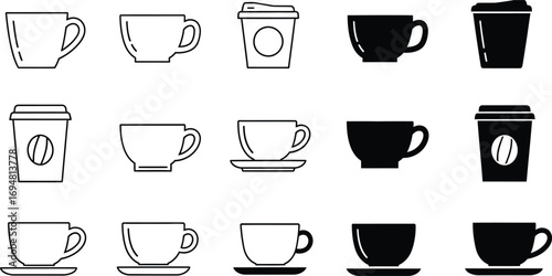 A versatile collection of coffee cup icons, including both line art and solid silhouette styles for various design needs. This vector set features mugs, teacups, and takeaway cups