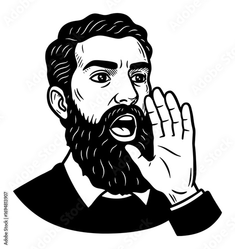 Bearded Man Shouting with Hand Near Mouth in Cartoon Style Black and White Outline Line Art Drawing