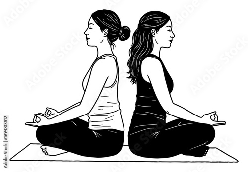 Two Women Meditating Back to Back in Lotus Position on Yoga Mat Modest Sportswear Black and White Outline Line Art Drawing