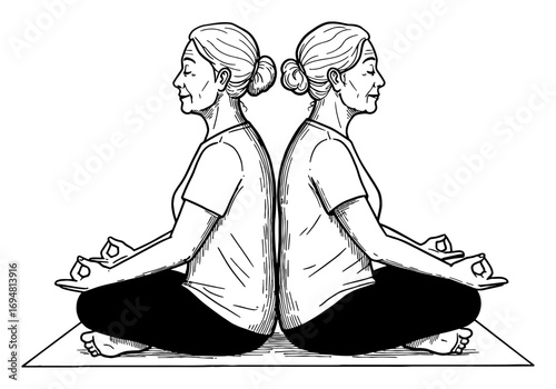 Two Grandmas Meditating Back to Back in Lotus Position on Yoga Mat Black and White Outline Line Art Drawing