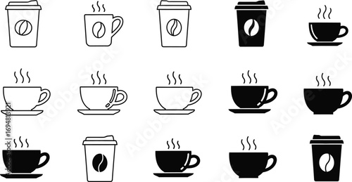 Set of coffee and tea cup icons in vector format. Includes takeaway paper cups and mugs in silhouette and line art styles