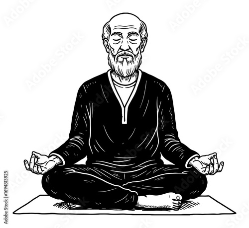 Grandpa Meditating Lotus Position on Yoga Mat Modest Clothing Front View Black and White Outline Line Art Drawing