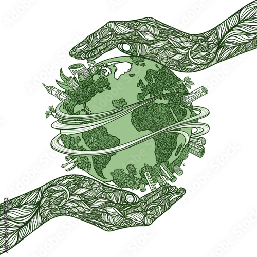 Hands protecting green Earth surrounded by urban elements  