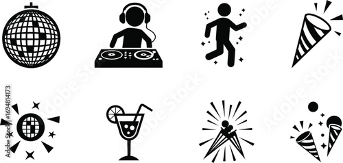 Energetic collection of party and celebration glyph icons, including a DJ, disco ball, and dancing symbols for nightlife events