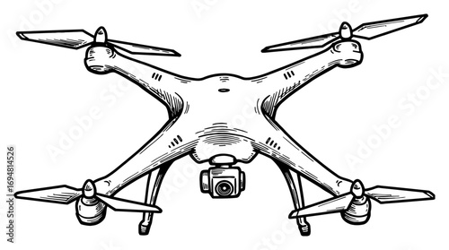 Quadcopter Drone with Camera Modern Remote Control Flying Device Black and White Outline Line Art Drawing