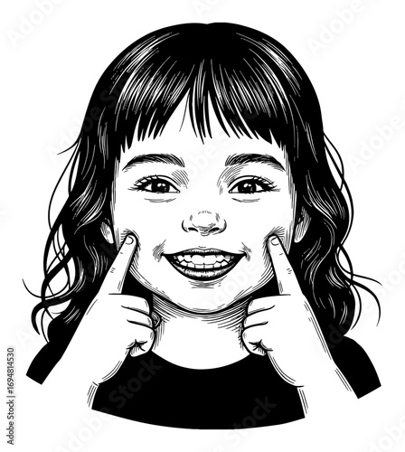 Smiling Little Girl Fingers on Cheek Happy Face Cute Cartoon Style Black and White Outline Line Art Drawing