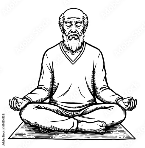 Grandpa Meditating Lotus Position on Yoga Mat Modest Clothing Front View Black and White Outline Line Art Drawing