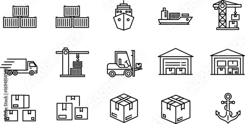 A comprehensive collection of outline vector icons depicting various aspects of global logistics, freight transportation, and supply chain management for seamless delivery services