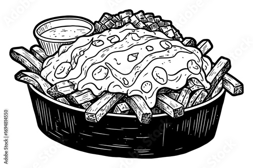Classic Poutine with Cheese Curds Gravy and Dipping Sauce Bowl Black and White Outline Line Art Drawing