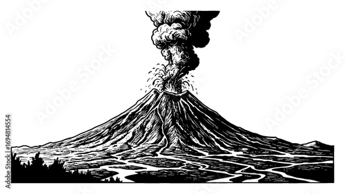 Volcano Erupting Smoke and Lava Flow Landscape Black and White Outline Line Art Drawing for Coloring Book Style