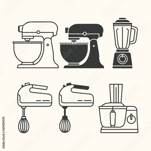 Vector art of collection of kitchen appliances including stand mixers, hand mixers, a blender, and a food processor, isolated on a light background