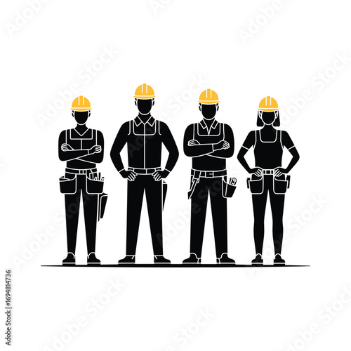 Diverse construction team of four workers in hard hats and tool belts standing together ready for work