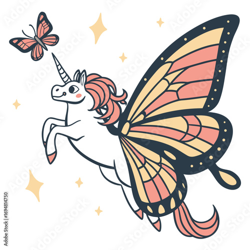 A colorful vector illustration of a butterfly with ornate wings flying over a vibrant flower