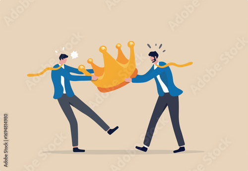 Staff conflict or employee argument, fighting for job promotion or jealousy colleague concept, angry coworker fighting by pulling golden crown metaphor of job promotion position
