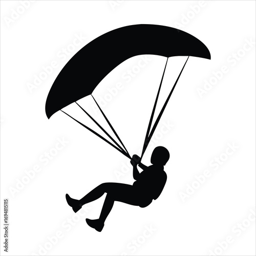 Silhouette of a person paragliding against a white background