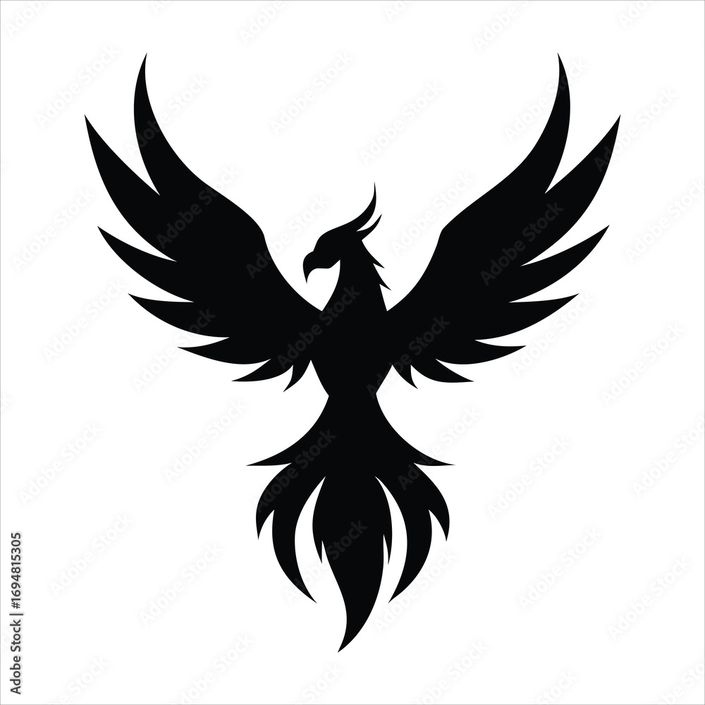 Fototapeta premium Stylized black silhouette of a phoenix bird with wings spread wide