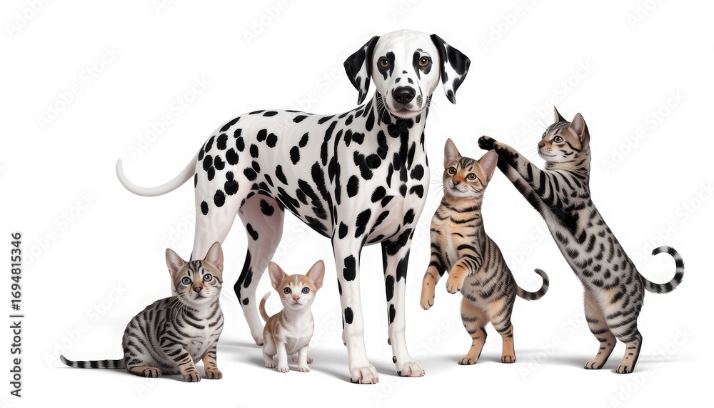 Naklejka premium Dalmatian dog surrounded by playful cats isolated on white background