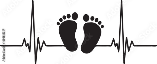 Silhouette of baby footprints inside a heartbeat pulse line