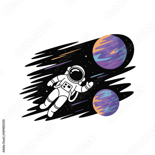 Astronaut floating among colorful planets and starry sky with motion streaks