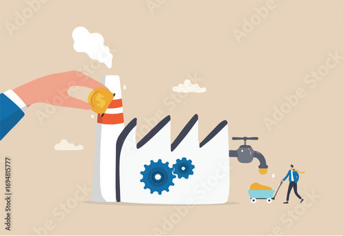 Manufacturing or production to earn profit, industry or factory, make money machine or manufacture concept, businessman put money into factory to earn more profit from production