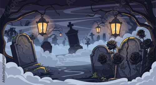 Spooky graveyard with tombstones glowing for Halloween night