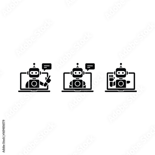 Three digital robots on laptops showing different communication styles and actions with speech bubbles