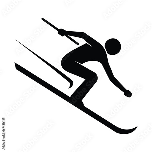 Black silhouette of a skier in motion on a white background