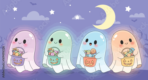Adorable ghosts trick or treating under the moonlight sky
