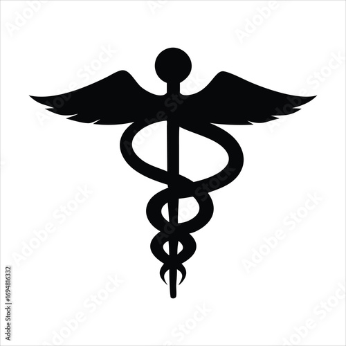 Black caduceus medical symbol with wings and snake