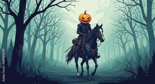 Eerie headless horseman riding through dark Halloween forest