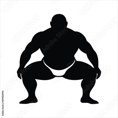 Black silhouette of a sumo wrestler in a squatting stance