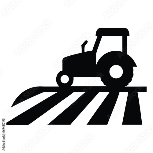Silhouette of a tractor plowing a field with curved lines representing furrows