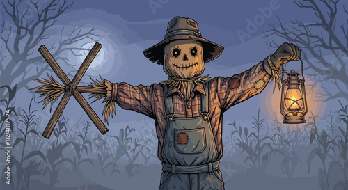 Eerie scarecrow guarding cornfield illuminated by lantern light