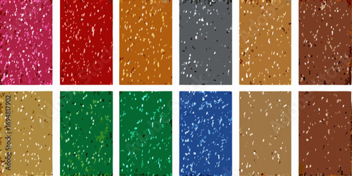 Collection of twelve colorful abstract backgrounds with speckled patterns in various shades