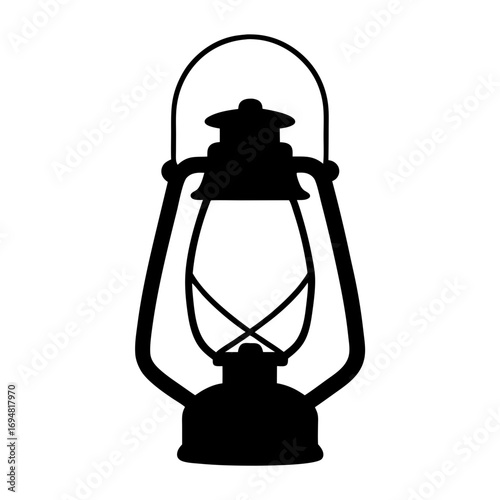 Illustration of a black vintage kerosene lantern, antique oil lamp, camping light, old style lantern