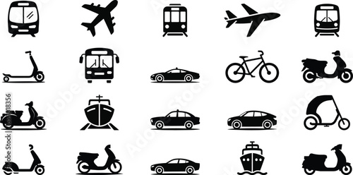 Collection of black transportation icons on white background