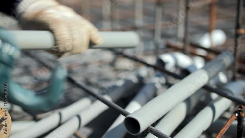 Worker cutting plastic pipe with clamp tool at construction site