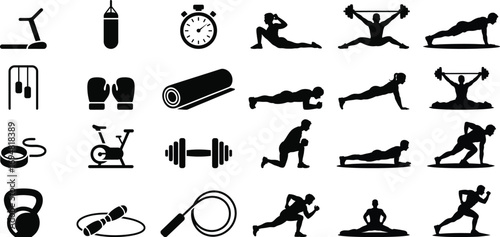 Black silhouettes of fitness equipment and people exercising
