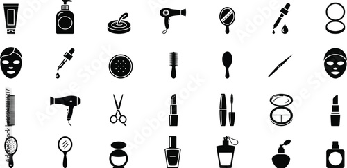 Black beauty and cosmetic icons on white background