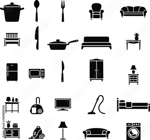 Collection of black household and kitchen object icons