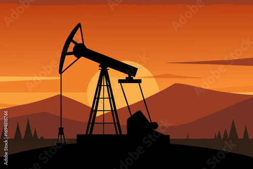 Silhouette of an oil pump jack against a vibrant sunset sky with mountains