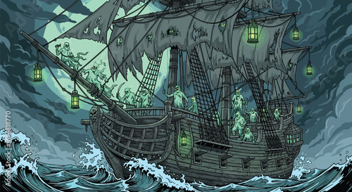 Ghost ship sailing stormy seas under eerie moonlight glow
