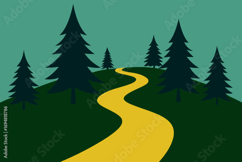 A winding yellow path leads through a dark green forest with tall pine trees