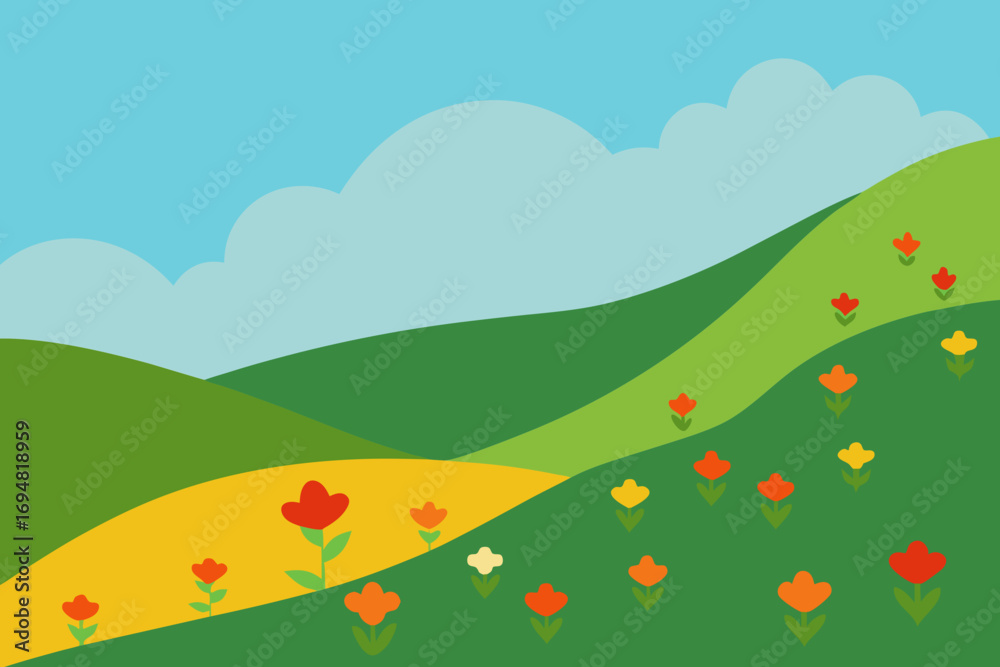Fototapeta premium Vibrant cartoon landscape with rolling green hills and colorful flowers under a blue sky
