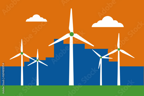 Wind turbines generate clean energy in a stylized cityscape with clouds