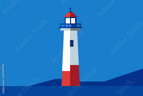 Modern flat design lighthouse standing tall against a deep blue sky